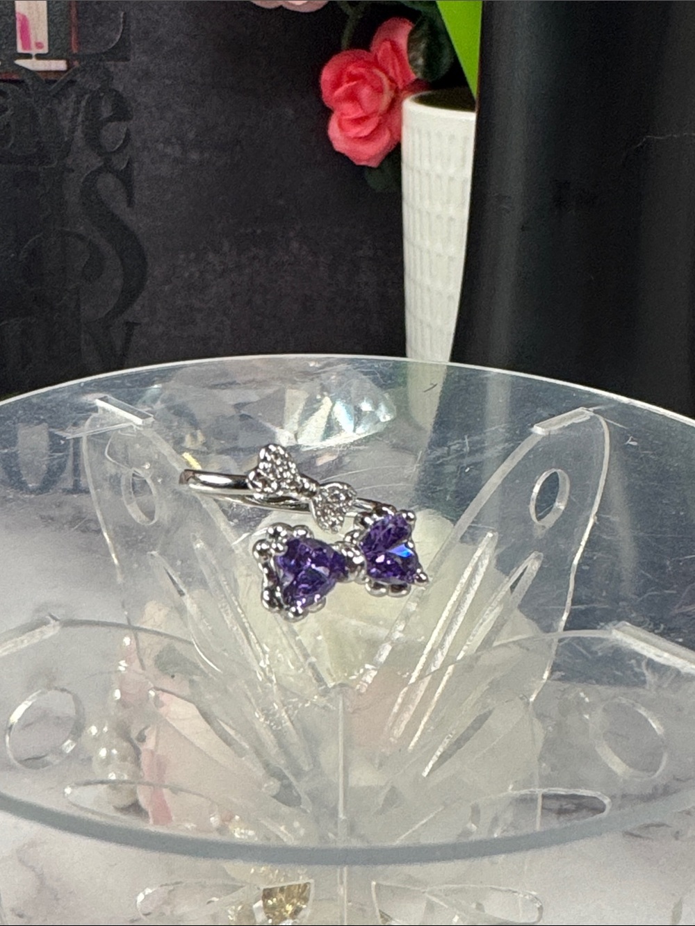Sterling Silver Purple Bow Ring with Cubic Zirconia Accents